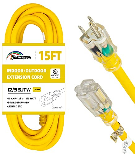 HONDERSON 15FT 12/3 Lighted Outdoor Extension Cord - 12 Gauge 3 Prong SJTW Heavy Duty Yellow Extension Cable with 3 Prong Grounded Plug for Safety,UL Listed