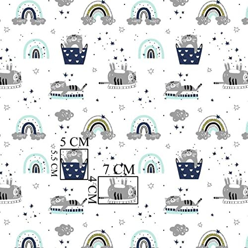 Pingianer 100x160cm Katze 100% Baumwolle Baumwollstoff Kinder Meterware Handwerken Nähen Stoff (Katze Regenbogen Weiß Blau, 100x160cm (11,99€/m))