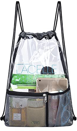 MAY TREE Transparente Tasche mit Kordelzug für Damen und Herren, transparenter Kordelzug Rucksack für Konzert, Sport, Festival, Reisen, Arbeit, GRAU, 13.5*17 inches, Auf Reisen