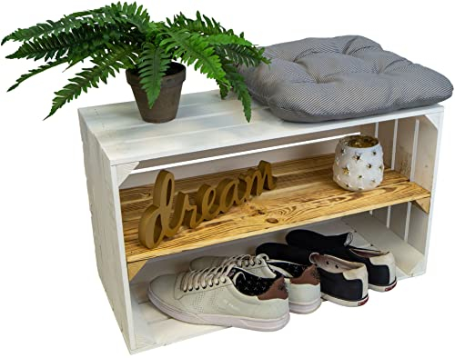 Kistenkolli Altes Land Schuhregal für 9 paar Schuhe TOSCA 68x40x30cm Schuhschrank Holzkiste (weiss geflammt)
