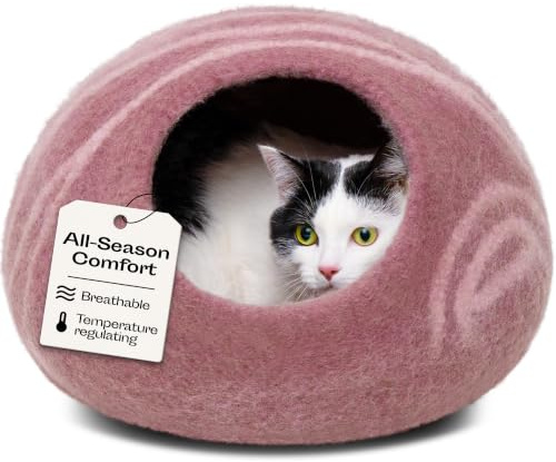 MEOWFIA Cat Cave - Merino Wool Bed for Indoor Cats (Rose Gold, Large) | Cat Bed Enclosure, Premium Felt, Handmade, Super Soft, Lightweight, Breathable, Adjustable Shape