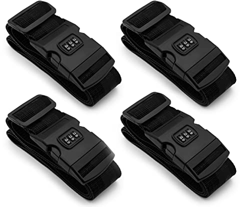 MyGadget 4X Stück Koffergurte Set mit Zahlenschloss - 100 cm bis 180 cm einstellbar - stabiles & auffälliges Kofferband - ideal über Kreuz nutzbar - in Schwarz