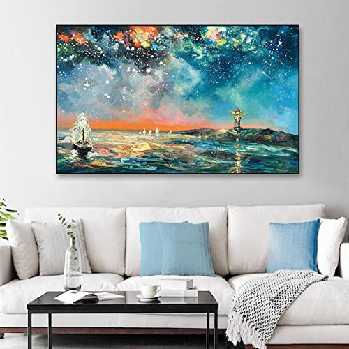 YMXCNM Peintures À La Main sur Toile,Peinture Au Couteau Texturée Stéréoscopique Extra Large Dessinée À La Main À 100%, Étoile Abstraite Moderne sur La Mer Peinture Acrylique sans Cadre, Pop Cool P