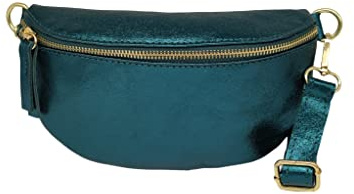 TheWan Demi Lune Petit Sac Banane Sac Poitrine Italien Cuir Italien Femme, Sac Demi Lune Porté Ceinture et de Travers Cuir Vachette,Dimensions: H12 x L 22 x P 5 cm (Canard Irisé)