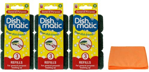 9X Fillable Washing Up Brush Refills (3 X 3 Refills) - General Purpose Brush Refills - with Ultra Absorbent Microfibre Cleaning Cloth