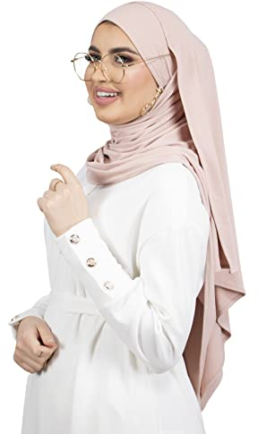 Hijab zum Binden mit Brillen-/Kopfhörer-Öffnungen, Jersey, gerippt, muslimische Frauen, HE510, Powder Pink, One size
