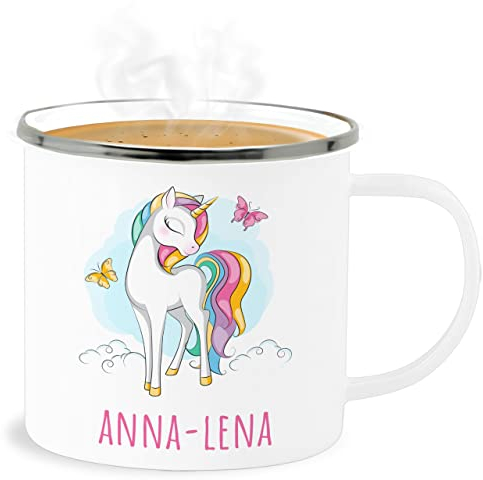 Emaille Becher Blechbecher - Einhorn mit Name personalisiert Geschenk Unicorn I Einhörner Kinder Geschenk - 300 ml - Weiß Silber - personalisierte unicorns personlisierte tassen einhörnern tasse