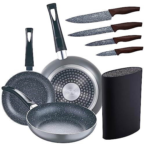 San Ignacio Set 3pc sarten (16+20+24cm) aluminio prensado, inducción, negra Soul Marble con Set 4pc cuchillos acero inoxidable con Tacoma/bloque de cuchillos u