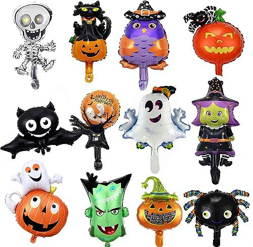 12 Stück Halloween Luftballons Party Deko Kinder Halloween Dekoration Mini Folienballons Geister Fledermaus Spinnen Helium Luftballons