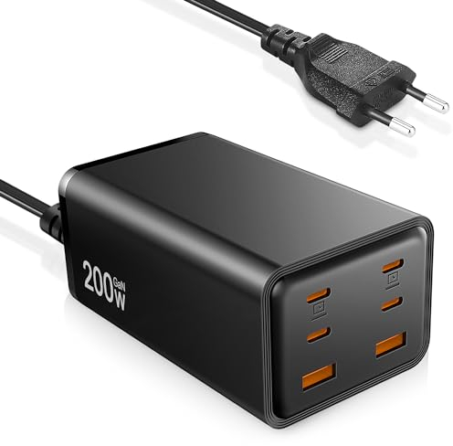 Chargeur USB C Rapide,200W Chargeur Rapide USB C pour 2 Ordinateurs Portables,6 Ports Chargeur USB Multiple,Chargeur GaN Compatible avec MacBook Pro/Air,iPad,iPhone 15/14,Samsung Tab/Galaxy S23/Note