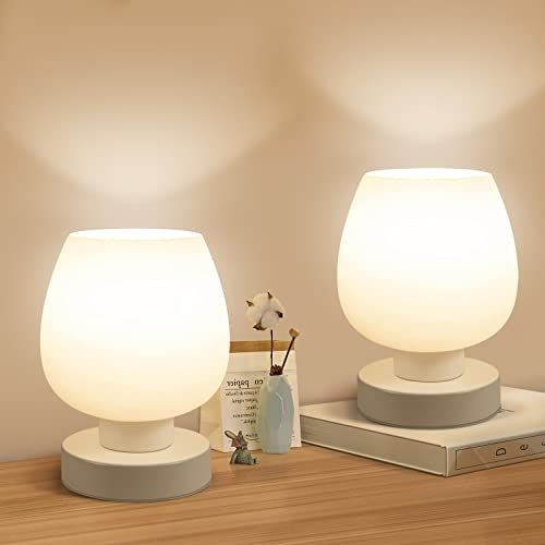 ONEWISH Touch Bedside Table Lamp Set of 2 - Small Modern, 3-Way Dimable Desk lamp with White Opal Glass Lamp Shade, 3000K LED Bulb, Simple Design Home Décor for Bedroom Living Room Nightstand
