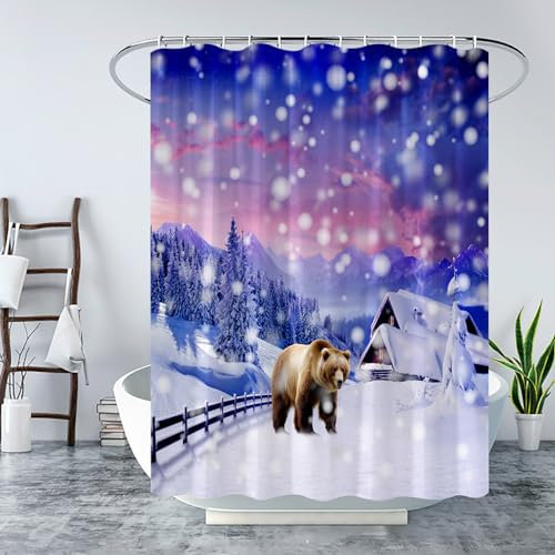 LAEDCIITI Winter Weihnachten Bär Duschvorhang Wald Wildtier Natur Kiefer Baum Schneeflocke Schneelandschaft Elch Xmas Urlaub Bauernhaus Land Stoff Badvorhang mit Haken