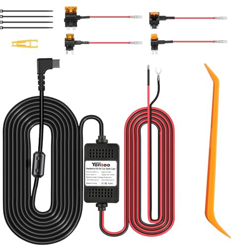 Yansoo Dash Cam Hardwire Kit,13ft Type-C Hard Wire Kit for Dash Camera, USB C Hard Wire Kit Fuse for Dashcam,12V-24V to 5V Hardwire Kit Car Camera Charger Power Cord with Low Voltage Protection