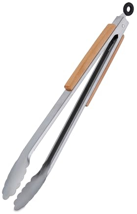 Relaxdays 2X Pinza da Barbecue, Acciaio Inox e Manico in Legno, Accessori Griglia e Cucina, Lunga 38 cm, Argentato Marrone