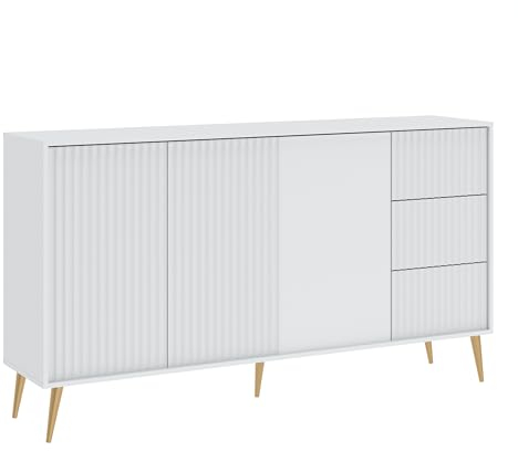 Oggi Celbi Modernes Weißes Sideboard mit 3 Türen und Schubladen 178x98x40 cm laminierter Platte 16mm Dicke 3 Fächer