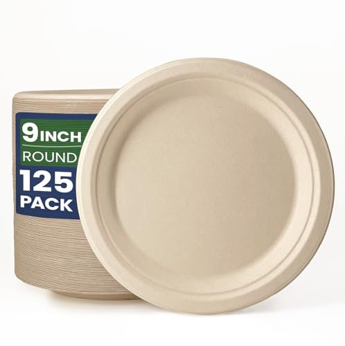 GreFusion 9 Inch Brown Paper Plates [125 Pack] HeavyDuty Unbleached Disposable Plates Sugarcane Party Plates