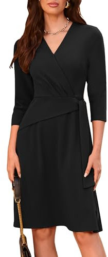 GRACE KARIN Robe midi pour femme - Col en V - Manches 3/4 - Coupe trapèze - Fermeture éclair à l'arrière, Noir , XL