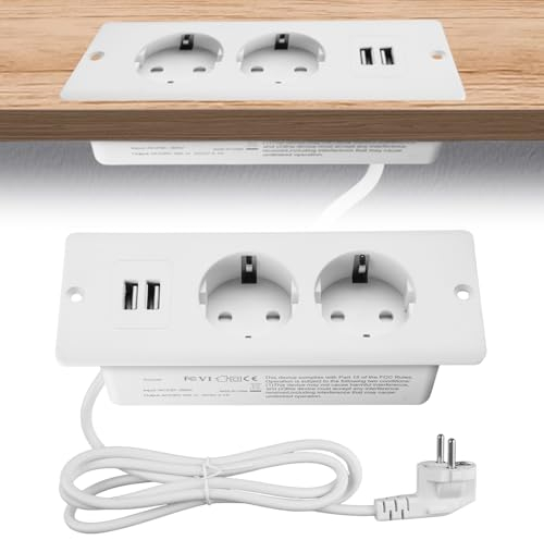 SPORWAY Presa da Tavolo a Scomparsa Con 2 Prese e 2 USB, Multipla, Cavo da 1,5 m, per Piano di Lavoro, Tavolo da Conferenze (Bianco)