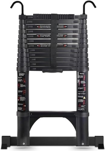 Teenza Telescopic Ladder 3.8m, Light Extension Ladder Aluminum, Free Height Adjustment, Maximum Load Capacity 150kg, Black