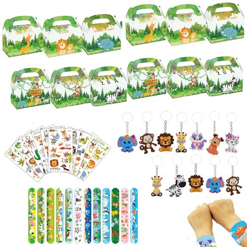 Hmfmdy 48pcs feste per bambini- Giungle a tema Supply di compleanno, bomboniere, giocattoli per premi, giocattoli da gioco, premi in aula, Set regalo per feste, Borsa regalo per feste per bambini
