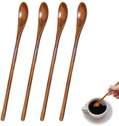 Long Handled Teaspoons, Natural Small Wooden Spoons Long Wooden Stirring Spoon for Honey Coffee Tea Drinks (4)