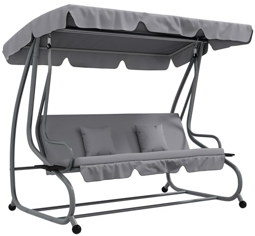 Outsunny Hollywoodschaukel mit Liegefunktion, 3-Sitzer Gartenschaukel mit Verstellbarem Dach, Beistelltisch, wasserabweisender Schaukelbank belastbar bis 340kg, für Garten, 200x120x164cm, Hellgrau