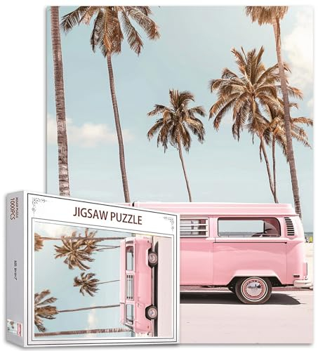 Tucocoo 1000-teiliges Puzzle für Erwachsene, rosa Vintage-Bus, Puzzle, sonniger Sommer, Strand, Palmen, 1000 Teile, Puzzles für anspruchsvolle Familienaktivitäten, buntes DIY-Puzzle, Wanddekoration,