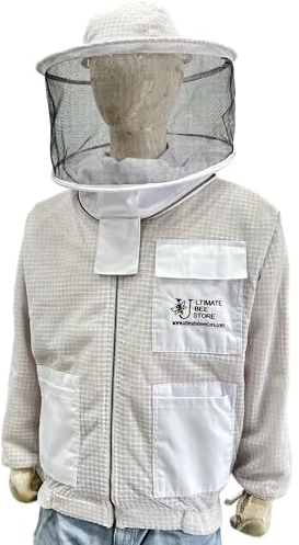 ULTIMATE BEE STORE Highly Ventilated Beekeepers 3 Layer Premium Jacket - Fully Protective Apiarist Gear for Men & Women With Gloves (White Round Veil, Large)
