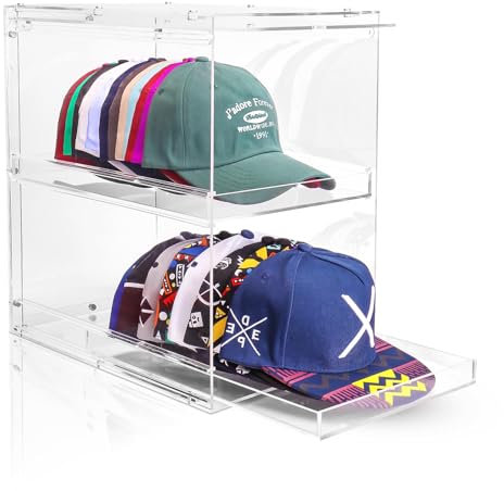 Acrylic Hat Racks Hat Organizer Bathroom Organizer Makeup Storage Organzier Stackable Clear Hat Holder Box with Drawer Can Hold 30 Caps for Baseball Caps, Snapbacks, Trucker Caps, Jewelry and Skincare