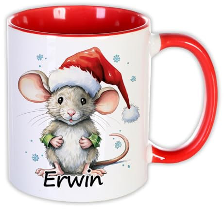 Unikatolo Weihnachtstasse mit Name personalisiert, lustig witziges Wichtelgeschenk Winter-Tasse Kinder Erwachsene rot weiß Glühwein-Becher Nikolaus Wichteln kleine Geschenkidee niedlich (Maus)
