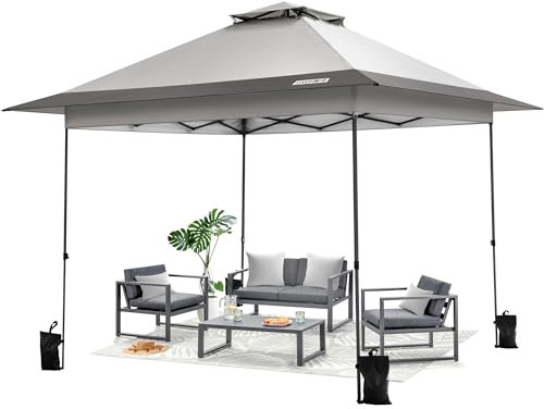 VIVOHOME Carpa Plegable 4x4 m Cenador de Jardín con Doble Techo Altura Ajustable en 3 Niveles Anti-UV Impermeable Gazebo para Exterior Portátil Bolsa de Arena para 12-14 Personas