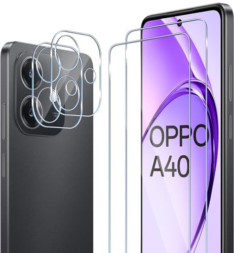 ELYCO Cristal Templado para OPPO A40 / OPPO A40M 4G, 2 Pcs Protector de Pantalla + 2 Pcs Protector de Lente Cámara, 9H Dureza Anti-Rasguños, Sin Burbujas HD Vidrio Templado