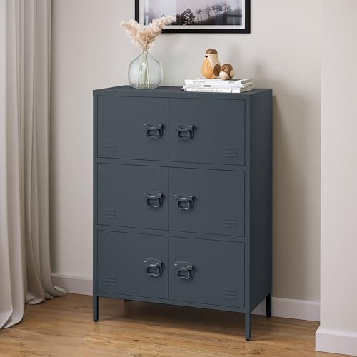skølm Metallkommode Zandor, Wohnzimmerschrank mit 3 Fächern anthrazit, Sideboard, Mehrzweckschrank Stahl 3x2, 113,5x80x38 cm