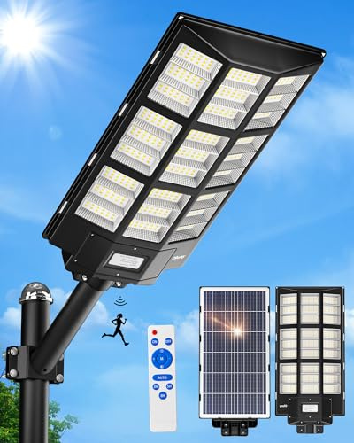 Ofuray Of-7200W Lampadaire Solaire Extérieur avec Détecteur de Mouvement | 3000K/4000K/6500K Projecteur LED, IP67 Étanche Lampe Solaire Exterieur Puissante avec Télécommande pour Rue, Cour, Garage
