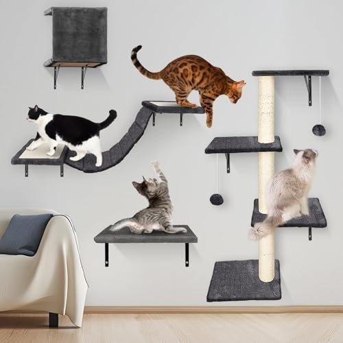 MASTERTOP Kletterwand Katzen,GroßB Katzen kletterwand Set 10-Teiliges,Katzenmobel mit Katzenbrucke, Katzenbett, Katzenkletterpfosten,Katzenhöhle,Kletterwand fur Innenbereich Spielen,Ausruhen,Schwarz