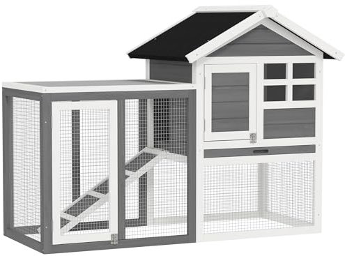 PawHut Conejera de Madera de 2 Niveles Jaula para Conejos con Zona Abierta Techo Asfáltico Bandeja Extraíble y Rampa Conejera para Exterior 122x62,6x92 cm Gris