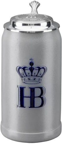 Hofbräuhaus München Stein Bierkrug 1 L Original Salzglasur mit Zinndeckel | Maßkrug | Bierglas mit HB Logo, Krug, Geschenkidee für Herren und Damen