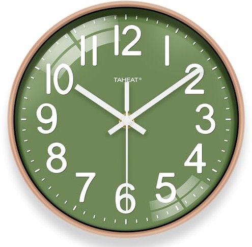 TAHEAT Modern Wanduhr, 25cm Grün und Gold Lautlos Analog Batteriebetrieben Quarz Wanduhr für Wohnzimmer Schlafzimmer Badezimmer Küche