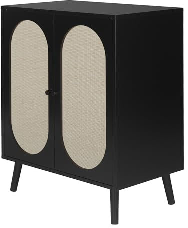 Sideboard, Küchenschrank mit dekorativen Rattantüren, Konsolentischschrank mit Buffet, mit verstellbaren Einlegeböden,80 x 40 x 70CM geeignet für Küche, Esszimmer, Wohnzimmer, Diele (Schwarz)