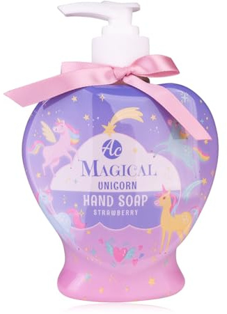 Accentra Sapone per le mani per ragazze MAGICAL UNICORN, 400 ml, sapone liquido in rosa/viola, erogatore con unicorno a forma di cuore, sapone delicato per le mani con fiocco rosa, profumo: fragola