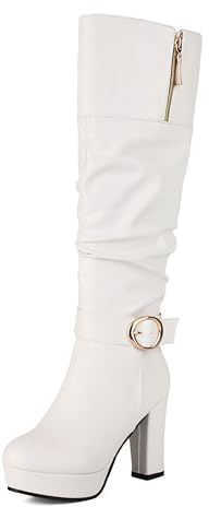 Lroey Reoly Donna Tacco Alto a Blocco Stivali Alti con Plateau Punta Rotonda Slouch Cx890 Bianco Numero 42 EU