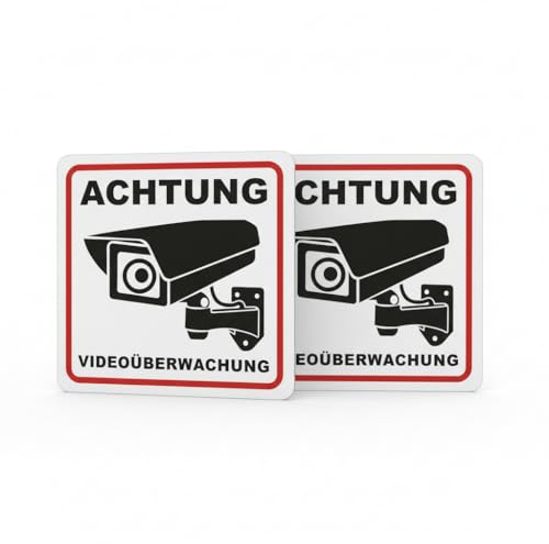 Mucola Schild Videoüberwachung Privatgrundstück 2 Stück 15x15 cm wetterfest | Hartschaum-Kunststoff UV-beständig, Montage mit Schrauben, Kabelbindern, Montageband, für Zaun, Tor, Einfahrt, Outdoor, Weiß