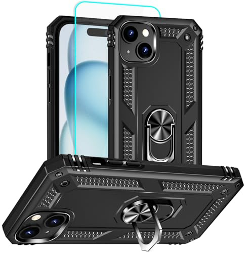 Aozuoton for iPhone 15 Case with Screen Protector, 360°Military Grade Rotatable Kickstand (Heavy Duty) Shockproof Protective - Case for iPhone 15 Black