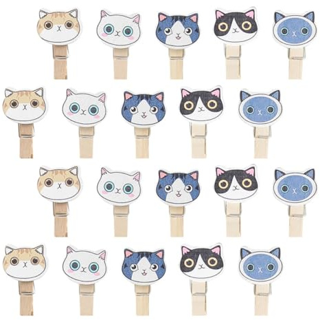 LIFKOME Holz Fotoclips Katzenmotiv 30 Stück Kleine Dekorative Holzbild Klammern für Fotos Karten Selbstgemacht Robustes Naturholz für Wandbehang Büro Partydekoration