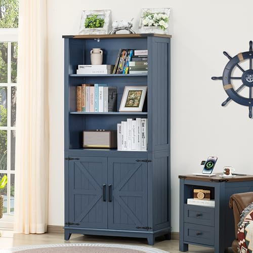 LELELINKY 70in Tall Bookshelf 5 Tier Bookcase with Barn Doors, Blue | 5 Tier Wood Freestanding Display Bookshelves with Adjustable Shelves and Storage Cabinet, 80 W x 39 D x 177 H cm