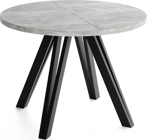 WFL GROUP Runder Esstisch Ausziehbar 100–140 cm mit Schwarzen Holzbeinen aus Buchenholz – Moderner Ausziehtisch für Esszimmer, Küche und Wohnzimmer – Tisch für 4–8 Personen – Beton Grau