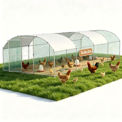 Suusolny Freilaufgehege Bogen Dach 3x8x2m,Hühnerstall aus Verzinkter Stahl Mit PE Dachabdeckung,Verdickte PVC Verbinder &Riegel für Haustierkäfig Hühnerkäfig Kleintiere Pflanzen