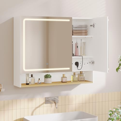 FORABAMB Spiegelschrank Bad 80 cm breit mit LED-Beleuchtung & Steckdose, Badezimmerschrank mit HD Spiegel & Verstellbarem, Badschrank mit 2 Türen, 3 Farbtemperaturen & Dimmbarer, 16 x 65 x 80 cm, Weiß
