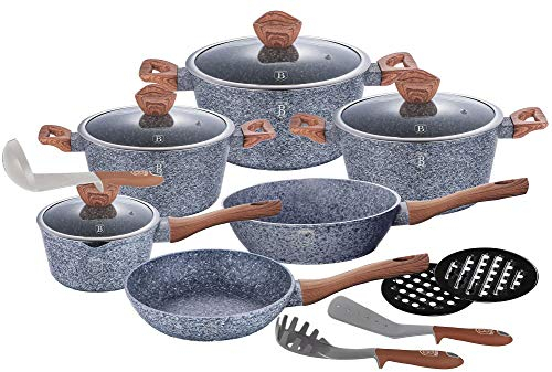 BerlingerHaus BH-1213 Batterie de 15 casseroles et poêles en pierre et couvercles en verre
