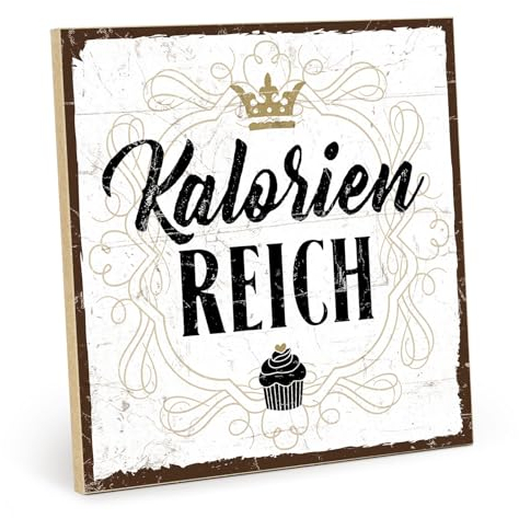 TypeStoff Holzschild mit Spruch – KALORIENREICH – Grafik-Bild bunt, Schild, Wandschild, Türschild, Holztafel, Holzbild mit Zitat/Aphorismus als Geschenk und Dekoration - HS-00305